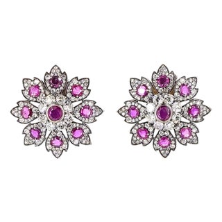 5.67 Carat Round Brilliant Cut Diamond Ruby Gold Earrings, Pair For Sale
