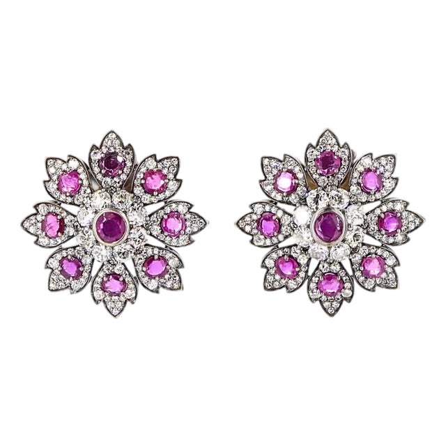 5.67 Carat Round Brilliant Cut Diamond Ruby Gold Earrings, Pair For Sale