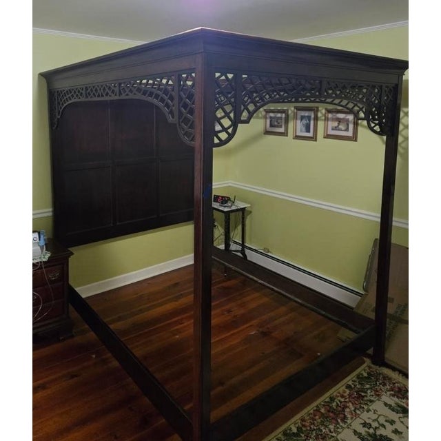Cherry Wood Canopy Bed Frame, Open Fretwork Design