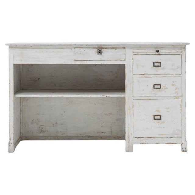 1900s French Wood White Patinated Shop Counter With Marble Top For Sale - Image 15 of 18