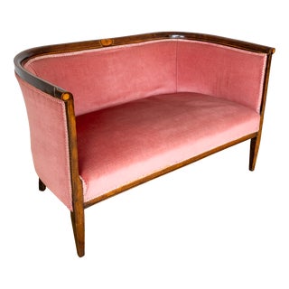 Antique Art Nouveau Edwardian Mahogany Barrel Back 2-Seater Settee Sofa, 1910s For Sale