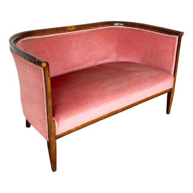 Antique Art Nouveau Edwardian Mahogany Barrel Back 2-Seater Settee Sofa, 1910s For Sale
