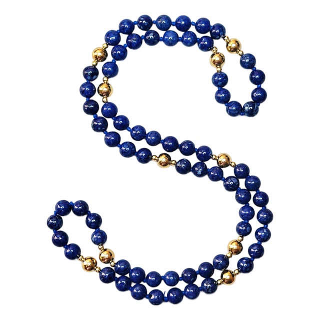Vintage 30-Inch Sodalite and 14k Gold Beaded Necklace, Circa 1970s For Sale