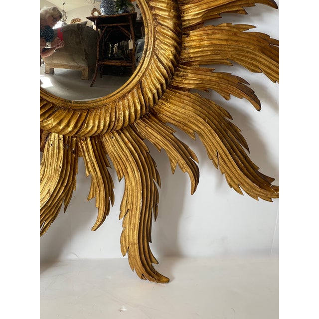 Gold French Hand-Carved Giltwood Sunburst Mirror, Hollywood Regency, 1940s For Sale - Image 8 of 16