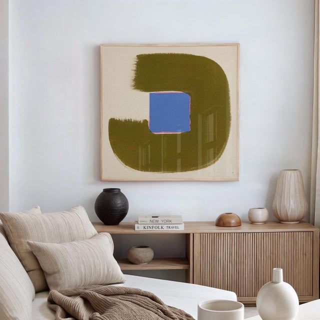 Olive Green and Blue Abstract Modern Art Print, Square, 24 X 24 Print in Wood Frame For Sale - Image 4 of 4