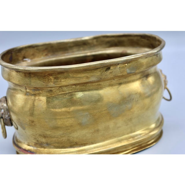 Vintage Gilt Metal Oval Cachepot Planter With Lion Head Ring Handles For Sale - Image 11 of 11