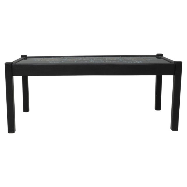 20th Century French Wood Black Patinated Coffee Table With Leaf Ceramic Top For Sale - Image 15 of 18