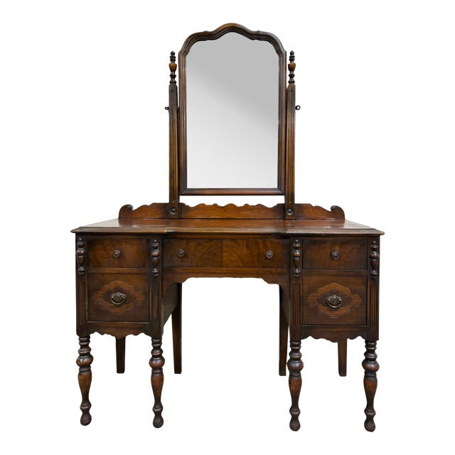 Antique Art Nouveau Walnut Vanity With Adjustable Mirror For Sale