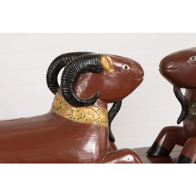 Auburn Vintage Northern Thai Double Ram Sculptures with Reddish Brown Lacquer - A Pair For Sale - Image 8 of 13