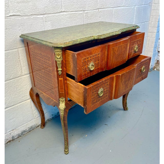 Wood Antique Marble Top Commode Bombe Chest With Marquetry Inlay For Sale - Image 7 of 15