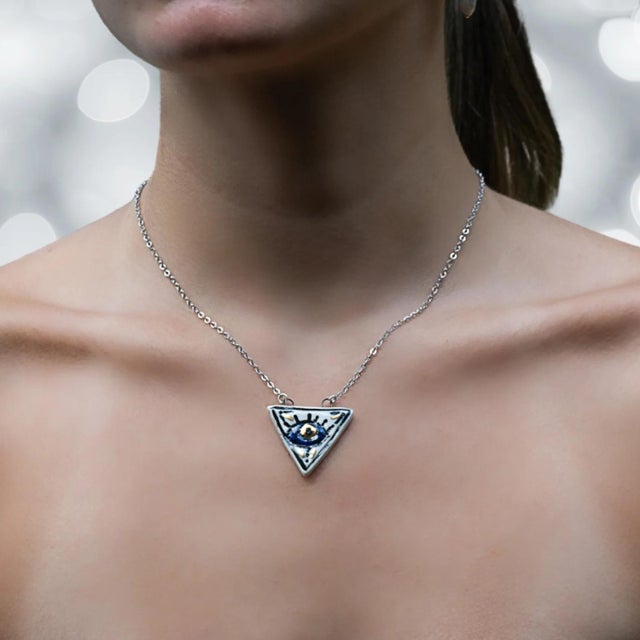 Early 21st Century Talisman Evil Eye Hand Painted Silver Charm Necklace For Sale - Image 5 of 11