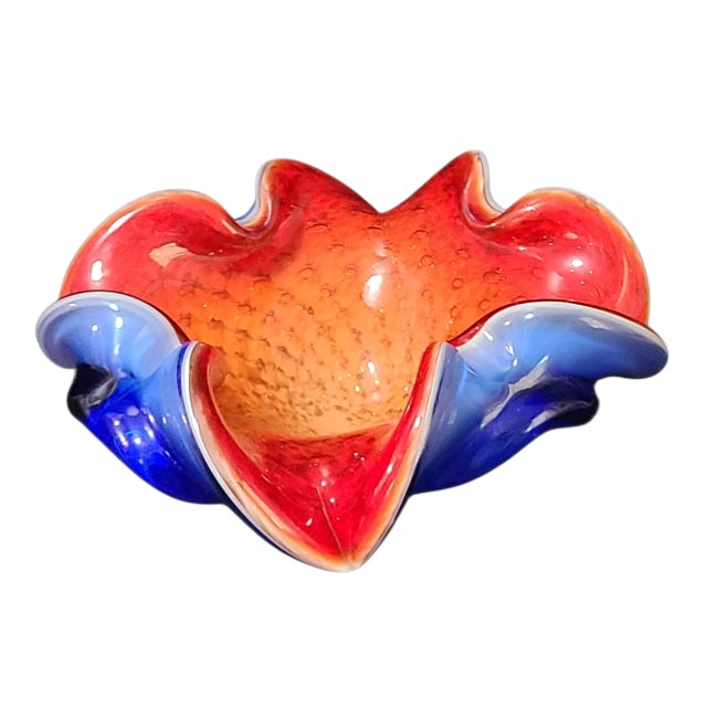 Glass Vintage Attributed Murano Art Glass Red & Blue Trinket Candy Dish Bowl For Sale - Image 7 of 7