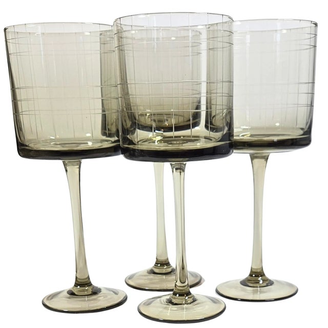 Mid-Century Modern Geometric Etched Wine Goblets- Set of Four For Sale - Image 3 of 10