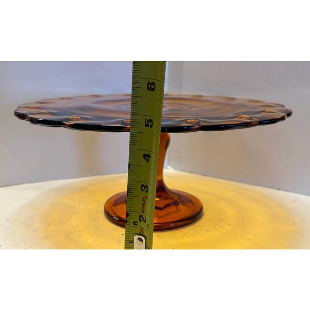 Mid-Century Amber Glass Tazza Cake Stand With Scalloped Thumbprint Edge For Sale - Image 10 of 10