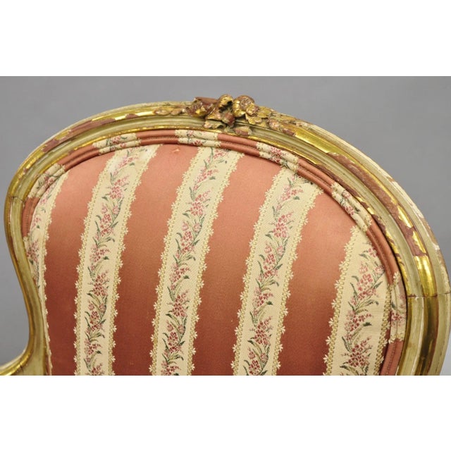 Antique French Louis XV Style Gold Giltwood Pink Stripe Fauteuil Arm Chair, Pair For Sale - Image 10 of 18