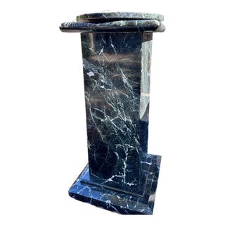 Custom Italian Postmodern Verde Alpi Marble Display Pedestal With Rotating Stone Top For Sale