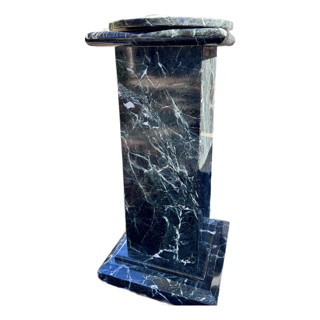 Custom Italian Postmodern Verde Alpi Marble Display Pedestal With Rotating Stone Top For Sale