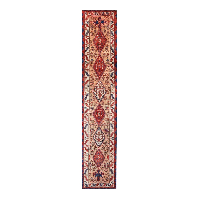 1890s Tan Camel Rhombus Antique Serab Runner Rug Handknotted Wool Carpet For Sale