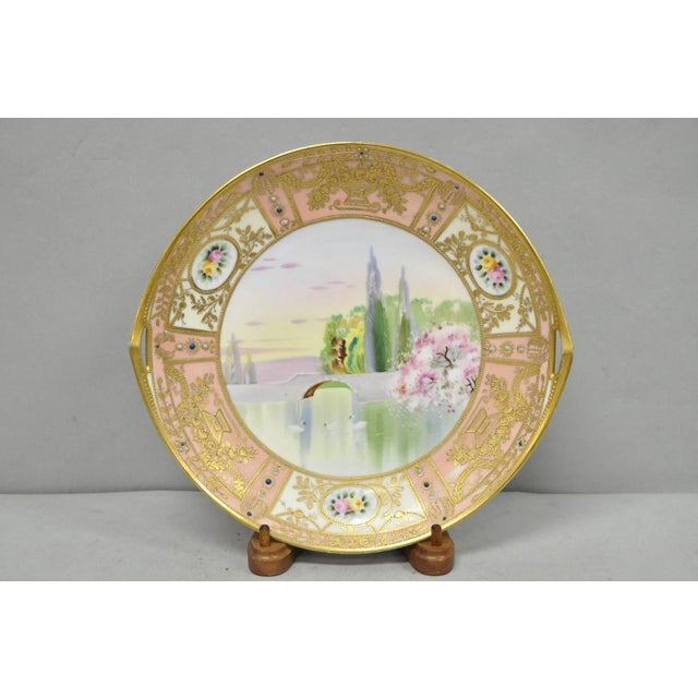 Antique Nippon Hand Painted Porcelain Gold Gilt Swan & Lake Scene Cabinet Plate For Sale - Image 15 of 15