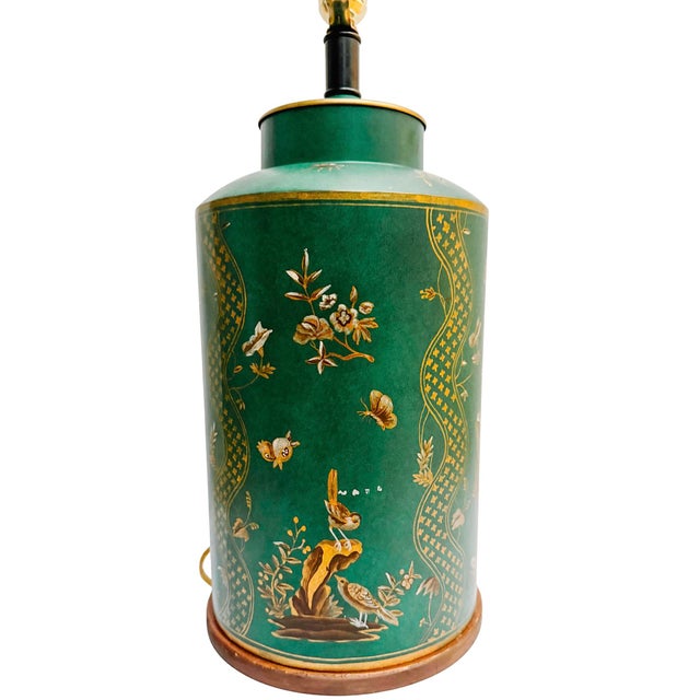 1970s Large Frederick Cooper Emerald Green Hand-Painted Green Tole Chinoiserie Table Lamps - A Pair For Sale - Image 16 of 18