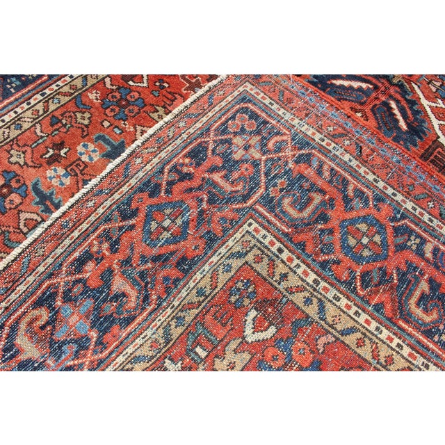 Textile Antique Persian Karajeh Rug With Three Geometric Medallions in Rust & Blue For Sale - Image 7 of 8