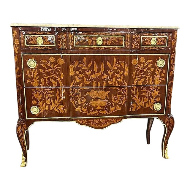 French Marquetry Commode Louis XVI Style Marble Topped For Sale