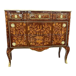 French Marquetry Commode Louis XVI Style Marble Topped