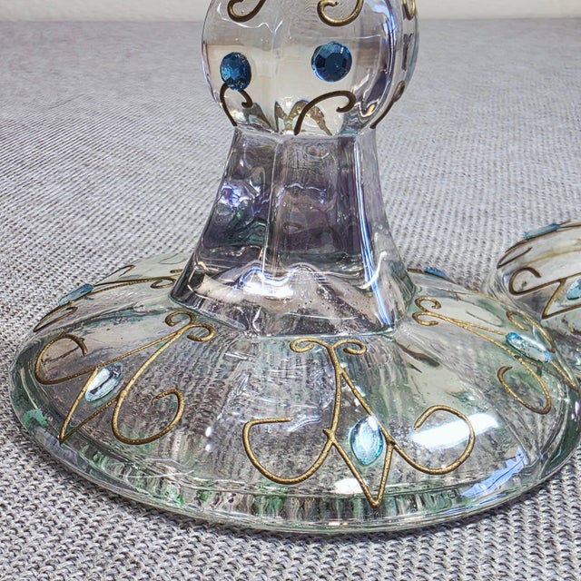 1900 - 1909 Pair of Antique Bohemian Art Nouveau Iridescent Glass Candlesticks With Gold Enamel Scrollwork For Sale - Image 5 of 12