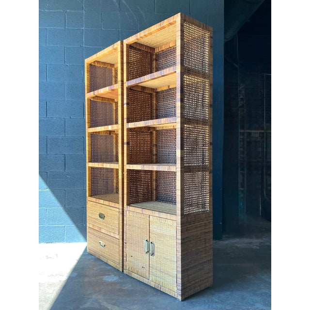 Camel Vintage Boho Woven Rattan Campaign Etagere - A Pair For Sale - Image 8 of 9