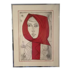 Mid 20th Century "The Red Shawl" Irving Amen Modernist Figurative Numbered Print, Framed