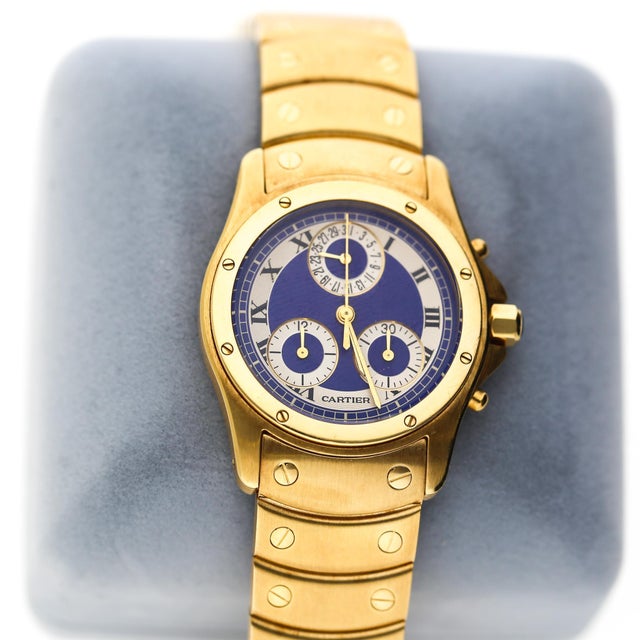 Blue Vintage Cartier Ronde Blue Chronograph 18k Gold 30mm Watch For Sale - Image 8 of 11