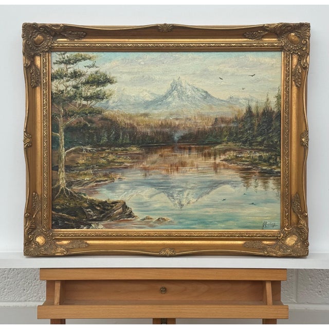 Mountain Lake Forest Landscape Scene - Vintage 20th Century Oil Painting 1970 For Sale - Image 16 of 17
