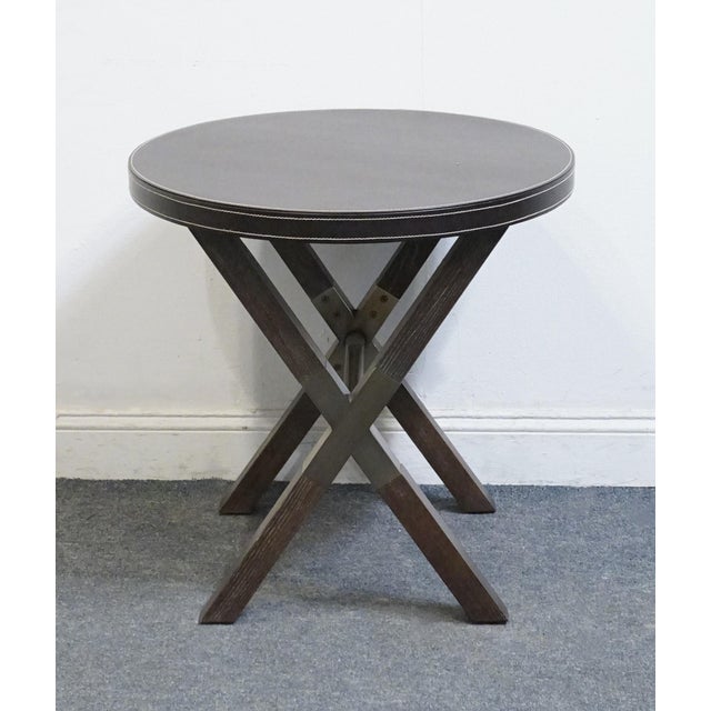 BERNHARDT FURNITURE 26" Round X-Frame Accent Table with Leather? Top and Pewter Hardware 277-125 / 377-125 in Gray? Finish...