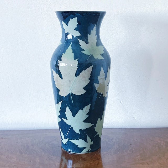 Vintage Ceramic Vase Depicting multi-dimensional Japanese Maple Leaves in relief by Siminksi - beautiful shades of green...