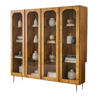 Vintage Mid-Century Burlwood Display Cabinet With Arched Glass Doors For Sale