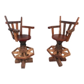 RusticMid-Century Live Edge Swivel Bar Stools - a Pair For Sale