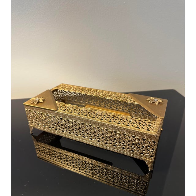 Vintage Gold Tone Filigree Metal Tissue Box Cover For Sale - Image 4 of 11