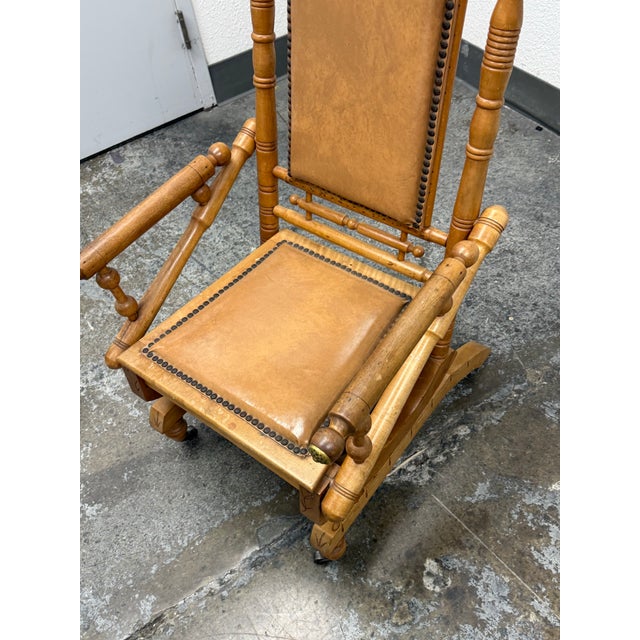 Antique Victorian Wood + Leather Rocking Chair For Sale - Image 9 of 12