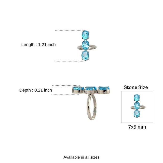Blue Unique Design 7.53 Carat Blue Topaz Three Stone Ring in 925 Silver - Size 6.5 For Sale - Image 8 of 11