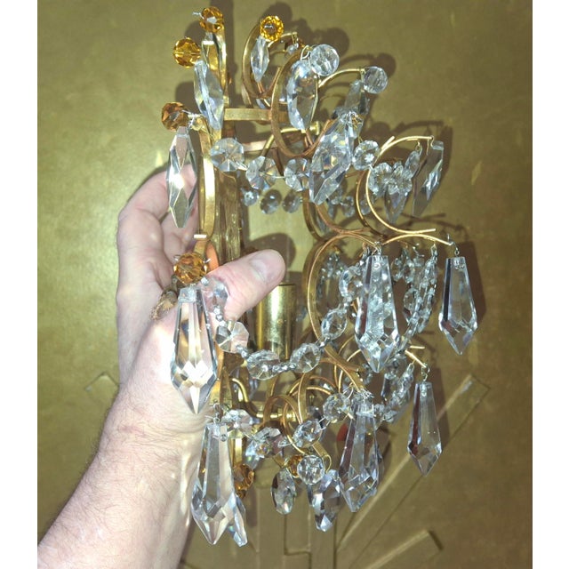 Luxe 1950's Hollywood Regency 24k Plate Frame Austrian Crystal 1/2 Orb Wall Sconces Attributed to Palwa a - Pair For Sale In Miami - Image 6 of 17