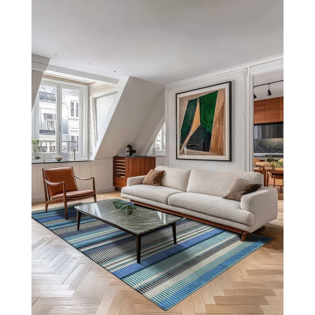 Textile 6x9 Louie Ophelia Ocean Blue Classic Stripe Handmade Wool Carpet Rug For Sale - Image 7 of 9