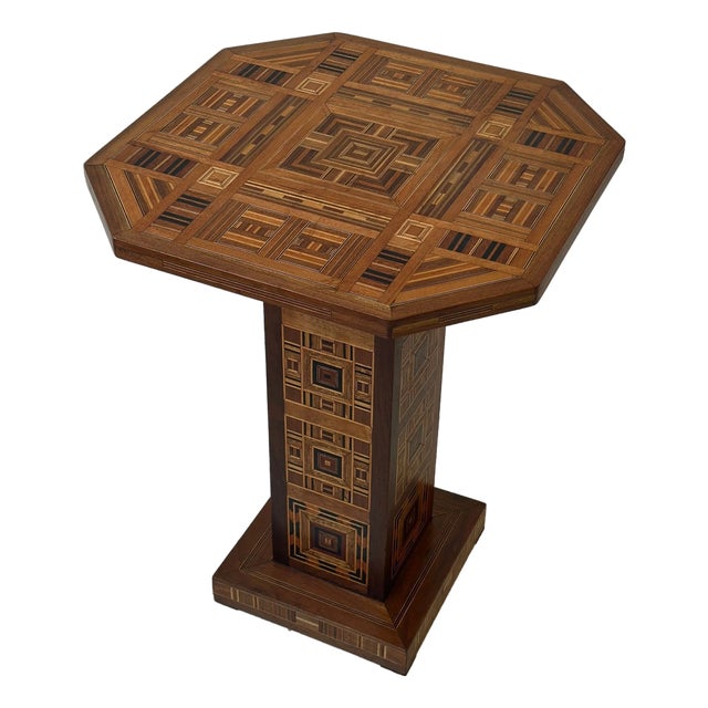 Vintage Exceptional Parquetry Pedestal Table With Hidden Compartment, Circa Mid 20th Century For Sale