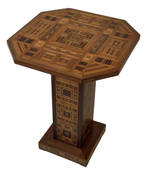 Vintage Exceptional Parquetry Pedestal Table With Hidden Compartment, Circa Mid 20th Century