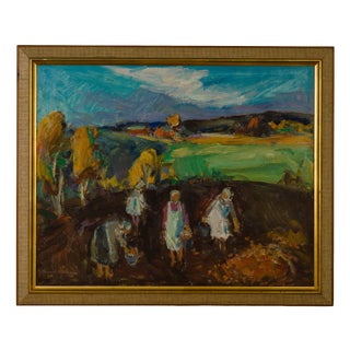 Svend Christian Nielsen, Field Workers in a Danish Landscape, 1960s, Oil on Canvas For Sale