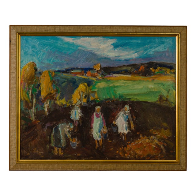 Svend Christian Nielsen, Field Workers in a Danish Landscape, 1960s, Oil on Canvas For Sale