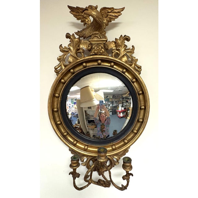 American 19th Century Federal Convex Bullseye Mirror With Eagle Pediment and Three Candle Holders For Sale - Image 3 of 18