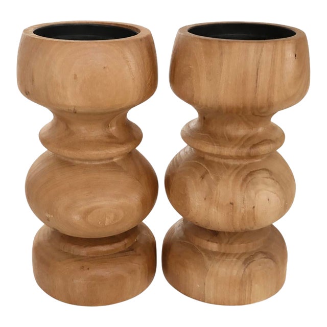 Hand-Turned Solid Wood Candlesticks, 1960s Pair For Sale