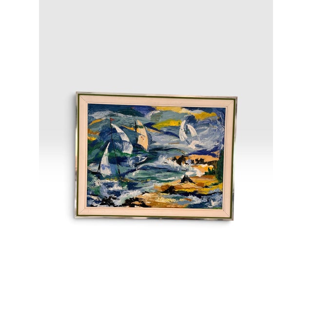 Mid-Century Modern Vintage Mid-Century Modern Expressionist Sailboat Seascape Painting, Art Shop Lake Worth For Sale - Image 3 of 9
