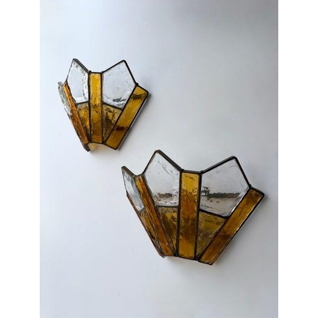 Metal Pair of Hammered Glass Wrought Iron Sconces by Longobard, Italy, 1970s For Sale - Image 7 of 12