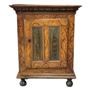 Antique 19th C. Austrian Pine Cupboard With Original Faux Bois Paint and Floral Accents For Sale